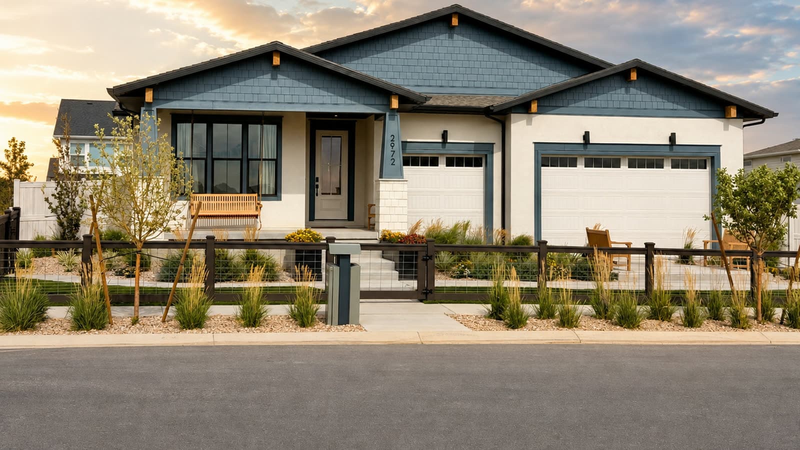 A finished single-story Candlelight home at Firefly at golden hour, with a covered porch, two-car garage and landscaped front yard
