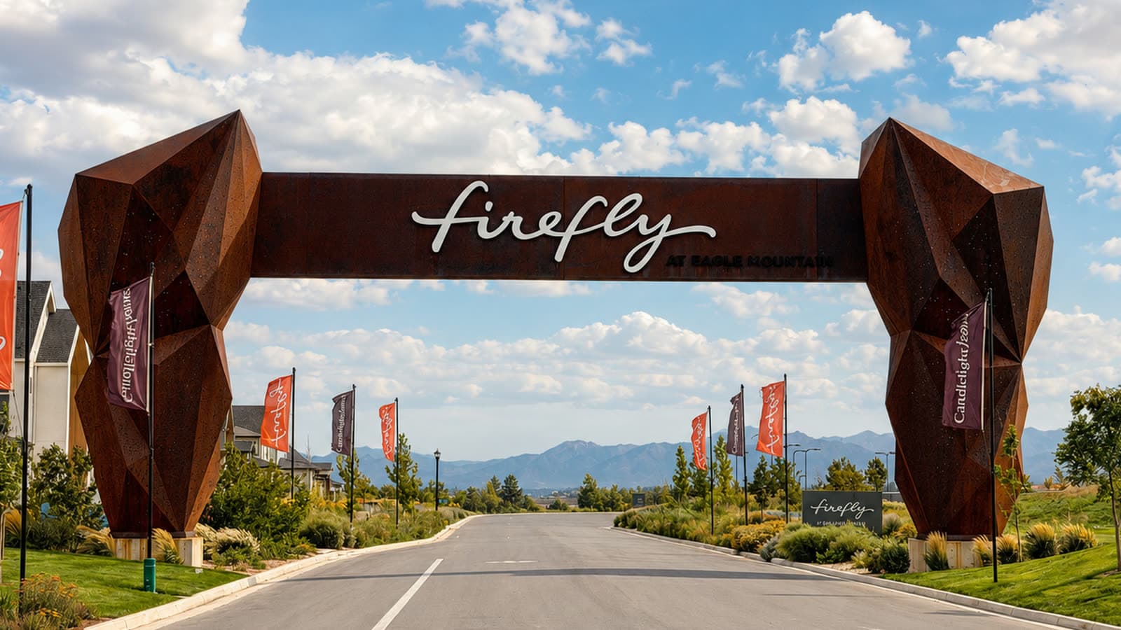 Firefly in Eagle Mountain, Utah — the community entrance monument on the main drive into new homes in Cedar Valley