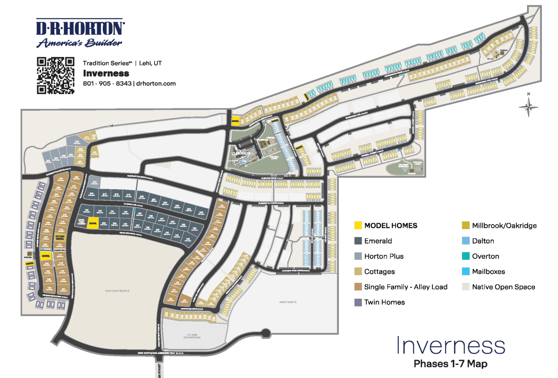 D.R. Horton's Inverness community map showing phases 1 through 7 in Lehi, Utah — model homes, townhomes, cottages, Horton Plus, Emerald, and twin-home lots