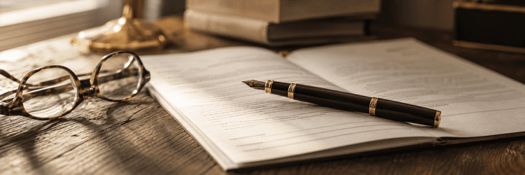 A real estate contract on a wooden desk with a fountain pen and reading glasses