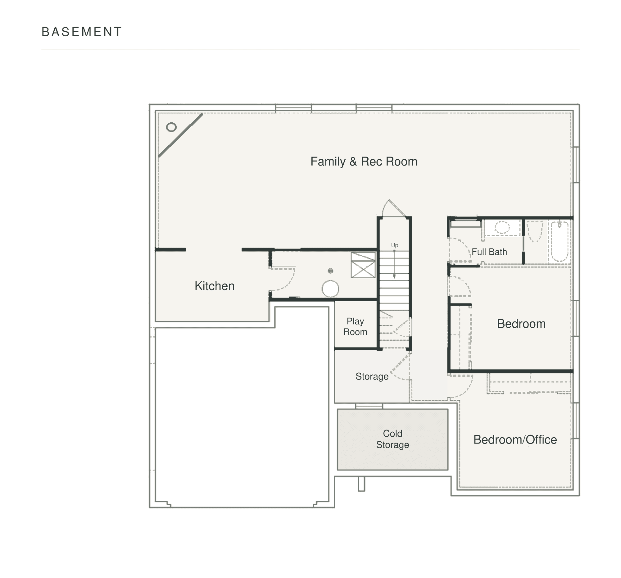 Basement floor plan: family and rec room across the back with a corner fireplace; second kitchen; play room under the stairs; storage and cold storage; a bedroom and a bedroom used as an office; full bath.