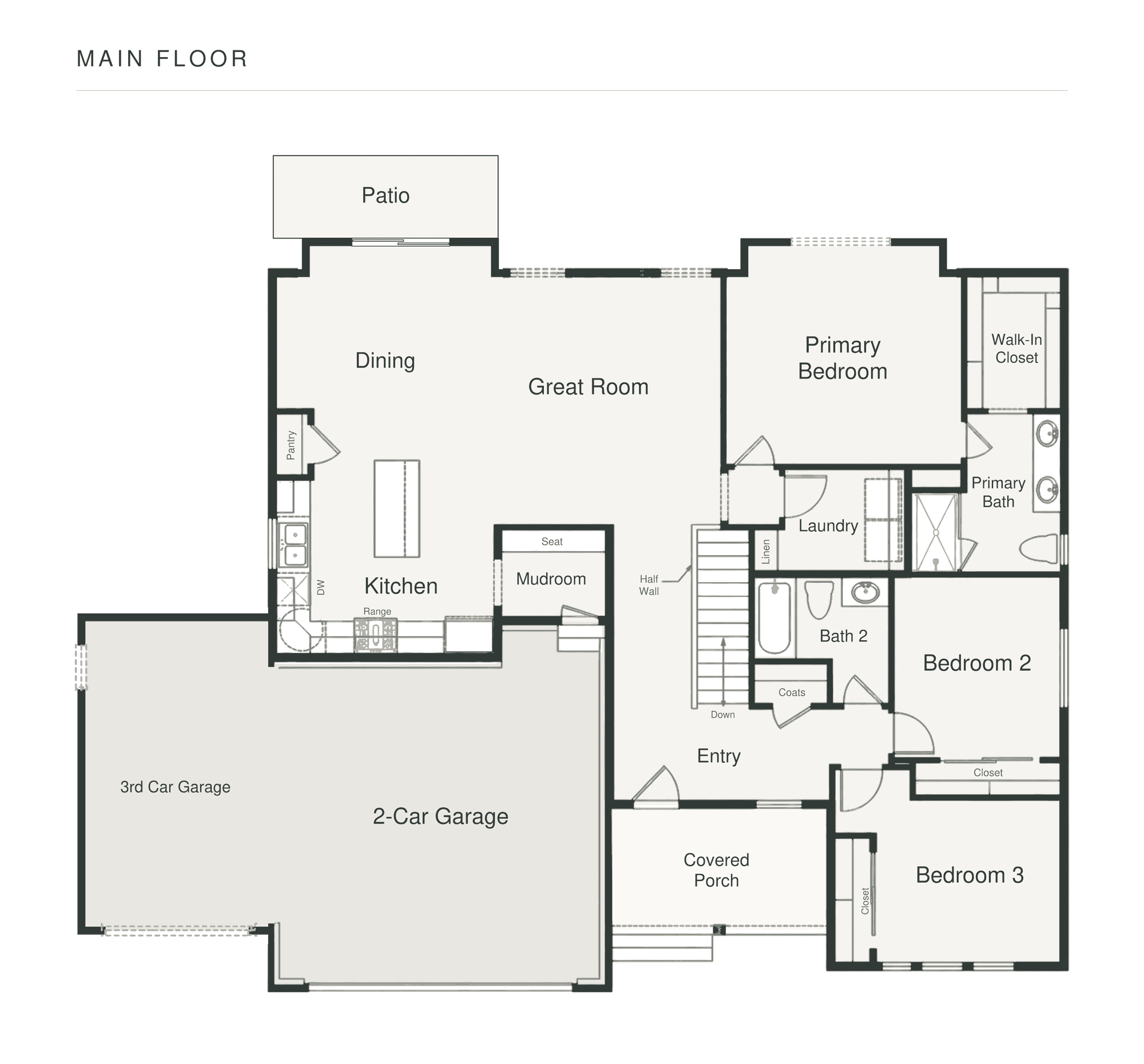 Main floor plan: three-car garage on the left; kitchen, dining, and great room across the back, with the dining area bumped out and a slider to the patio; primary bedroom, also bumped out at the back, with bath and walk-in closet; laundry; mudroom; bedrooms 2 and 3 and the hall bath toward the front; covered porch at the entry.