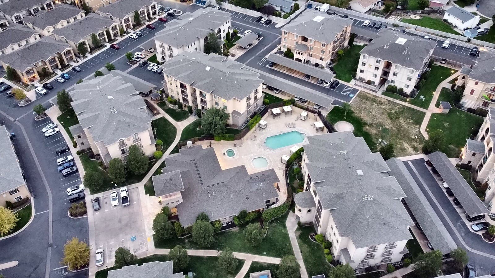 Aerial view of the Italian Villages pool and clubhouse complex