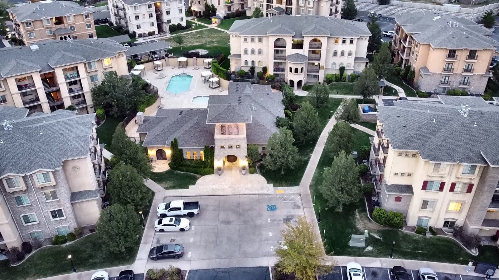 Aerial view of the Italian Villages clubhouse