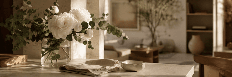 A prepared home interior with fresh flowers and warm afternoon light